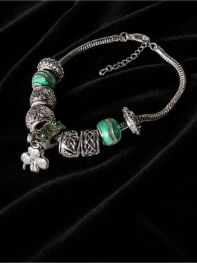 Silver Snake Chain Bracelet with Beads and a Shamrock Charm
